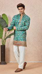Aqua Blue V-Neck Short Kurta Set for Men with Korean Pants