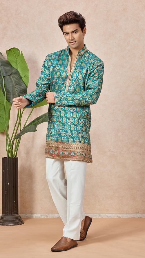 Aqua Blue V-Neck Short Kurta Set for Men with Korean Pants