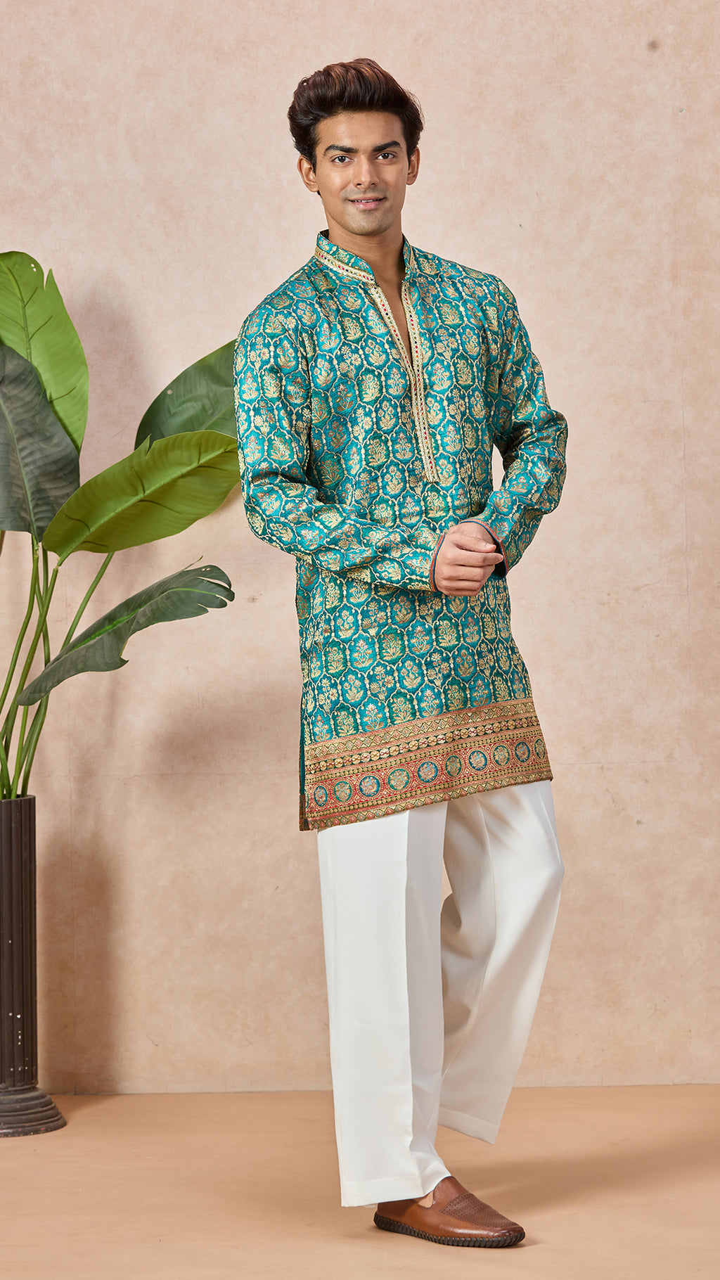 Aqua Blue V-Neck Short Kurta Set for Men with Korean Pants