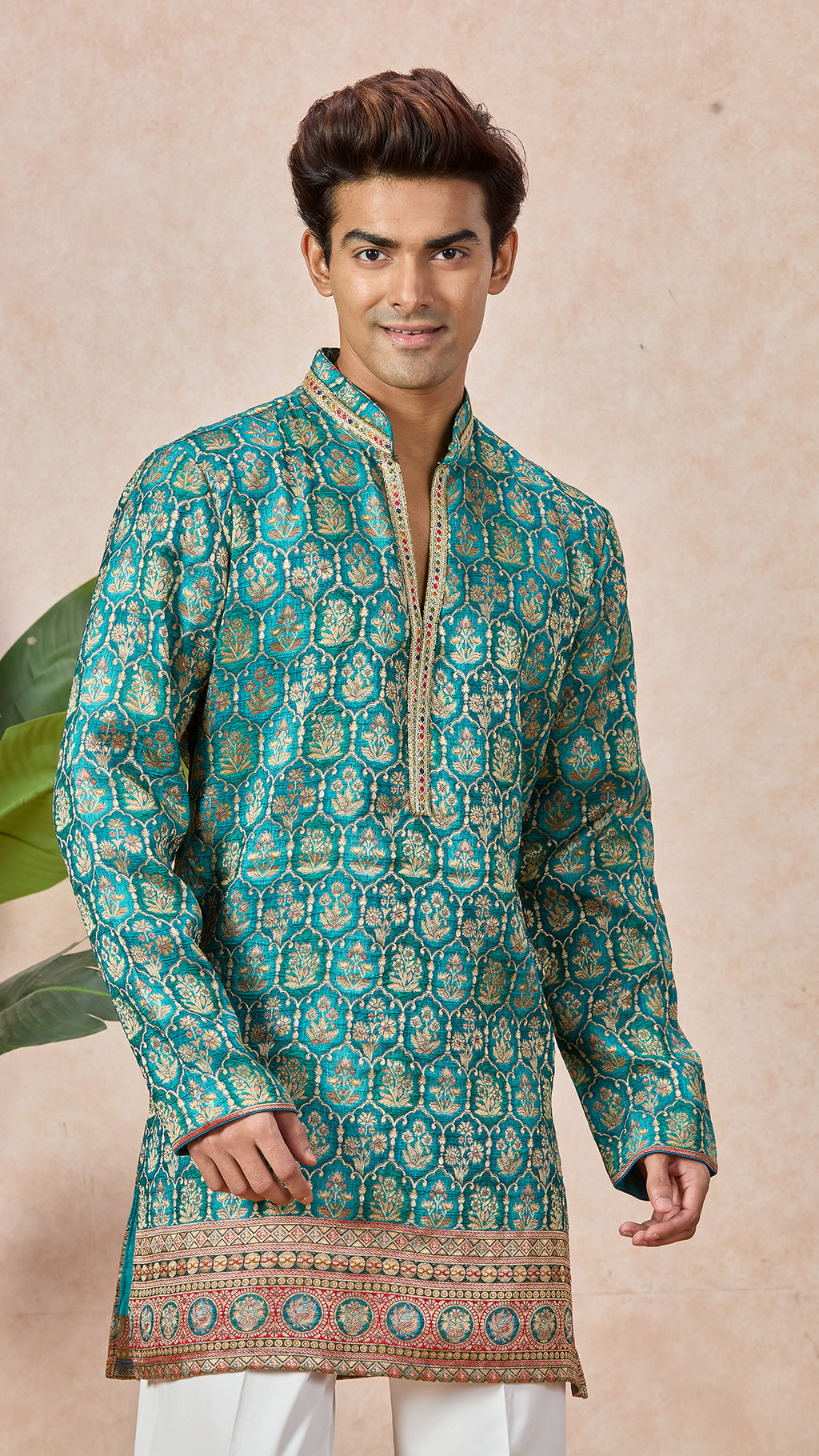 Aqua Blue V-Neck Short Kurta Set for Men with Korean Pants
