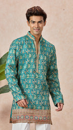 Aqua Blue V-Neck Short Kurta Set for Men with Korean Pants