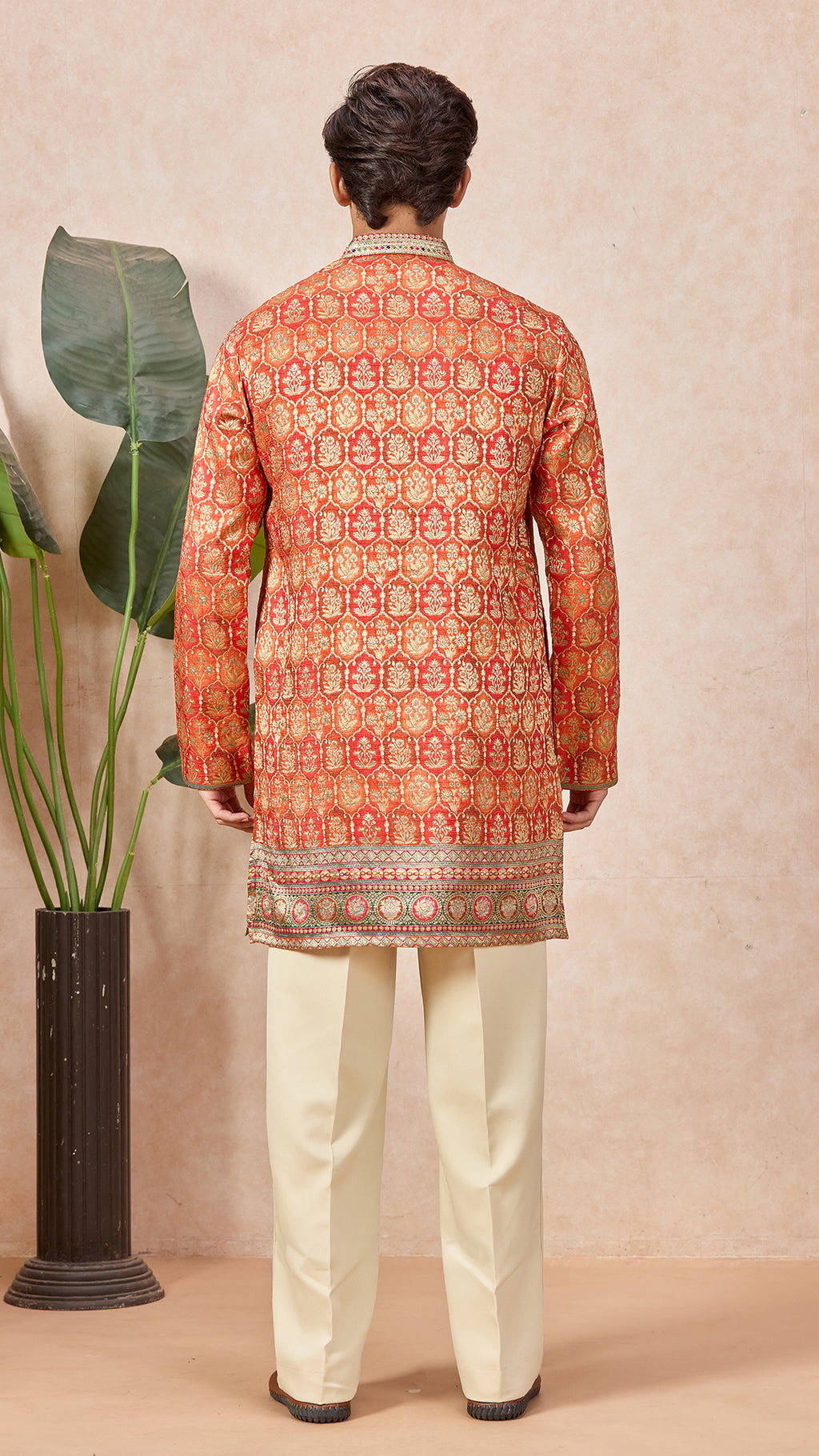 Orange Silk V-Neck Short Kurta Set for Men with Korean Pants