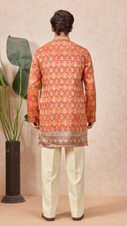 Orange Silk V-Neck Short Kurta Set for Men with Korean Pants