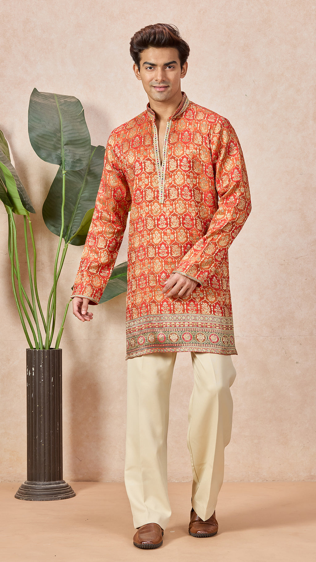 Orange Silk V-Neck Short Kurta Set for Men with Korean Pants