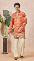 Orange Silk V-Neck Short Kurta Set for Men with Korean Pants