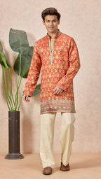 Orange Silk V-Neck Short Kurta Set for Men with Korean Pants