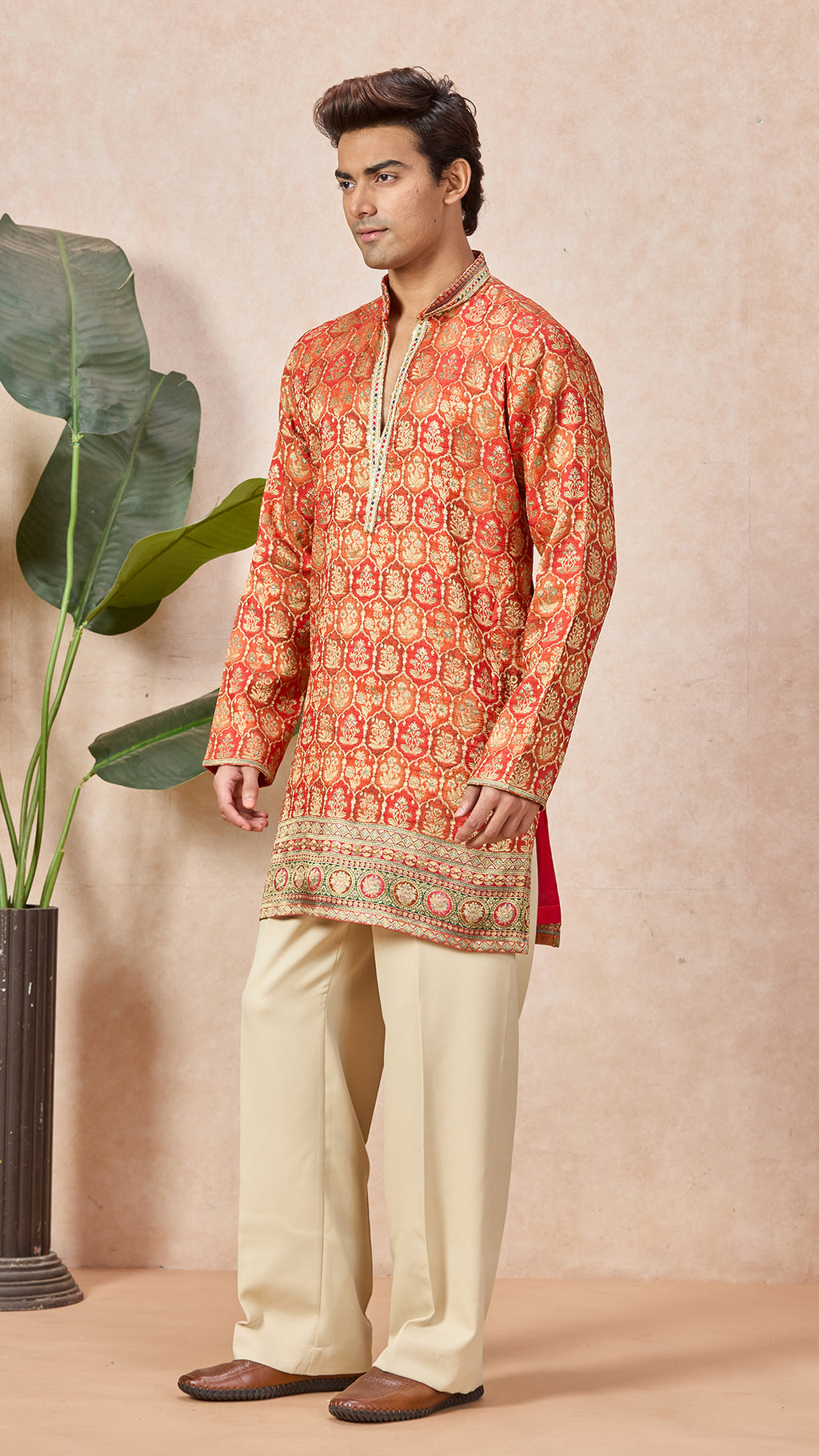 Orange Silk V-Neck Short Kurta Set for Men with Korean Pants