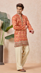Orange Silk V-Neck Short Kurta Set for Men with Korean Pants