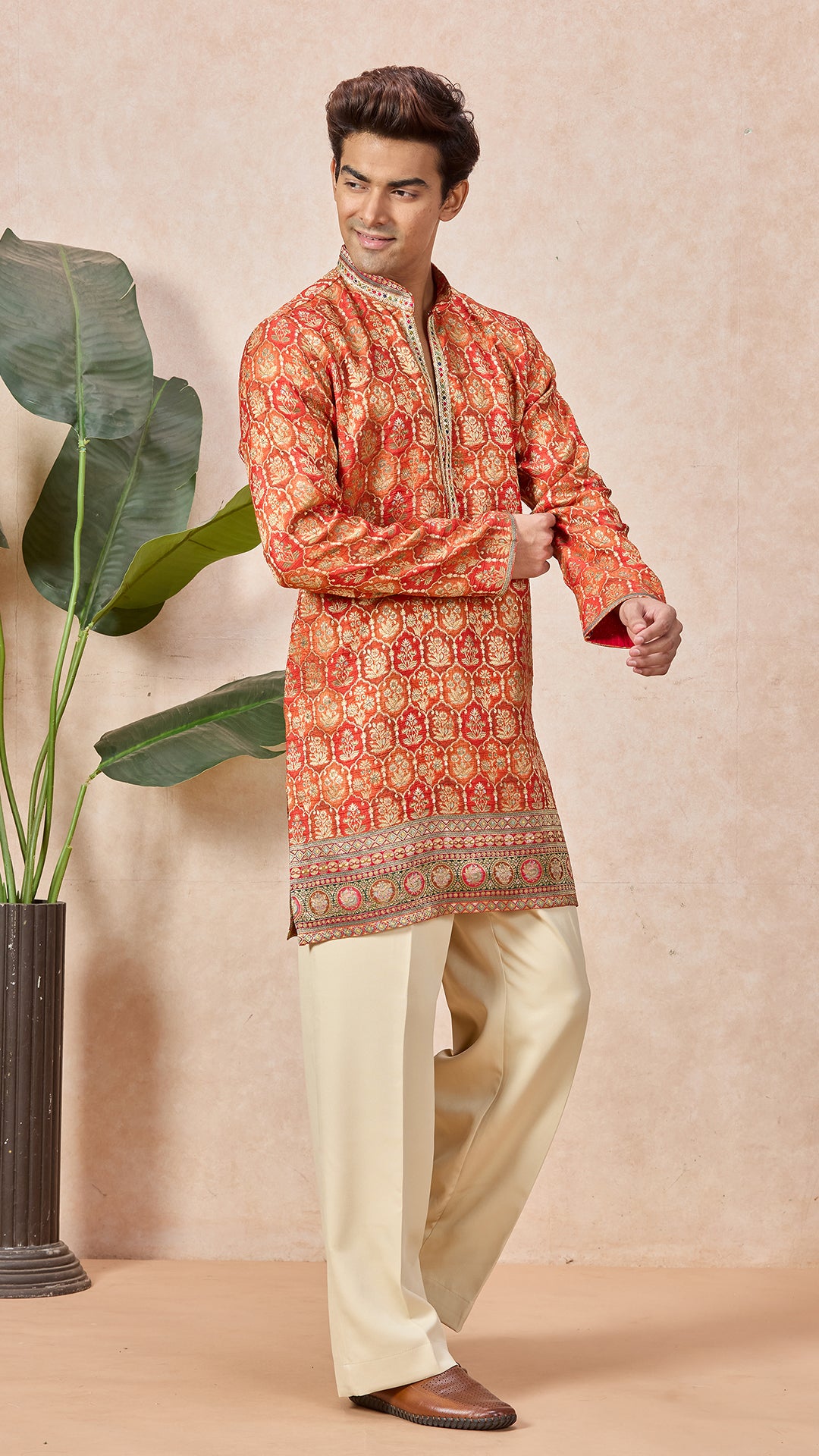 Orange Silk V-Neck Short Kurta Set for Men with Korean Pants