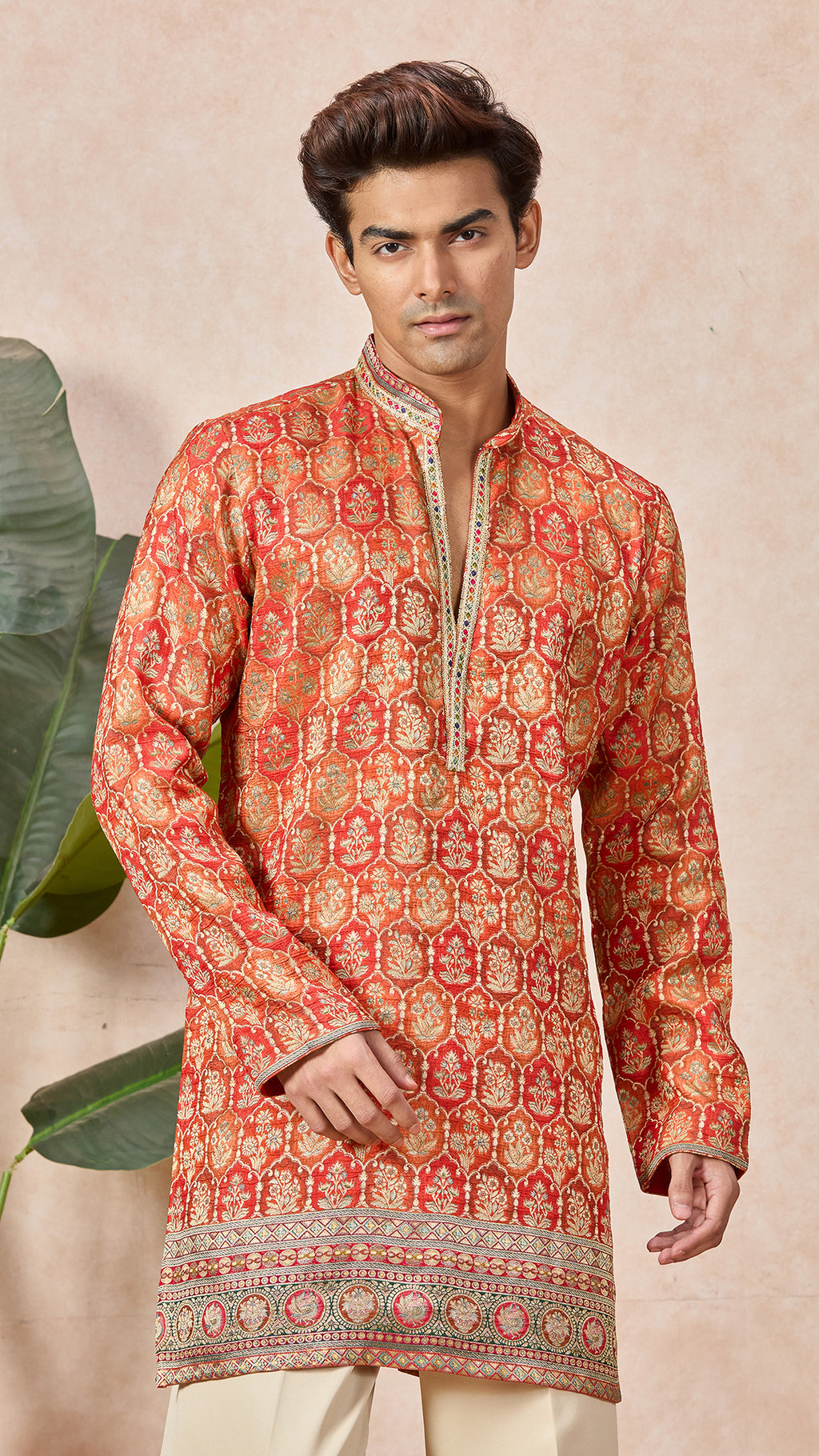 Orange Silk V-Neck Short Kurta Set for Men with Korean Pants