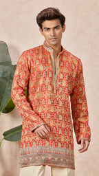 Orange Silk V-Neck Short Kurta Set for Men with Korean Pants