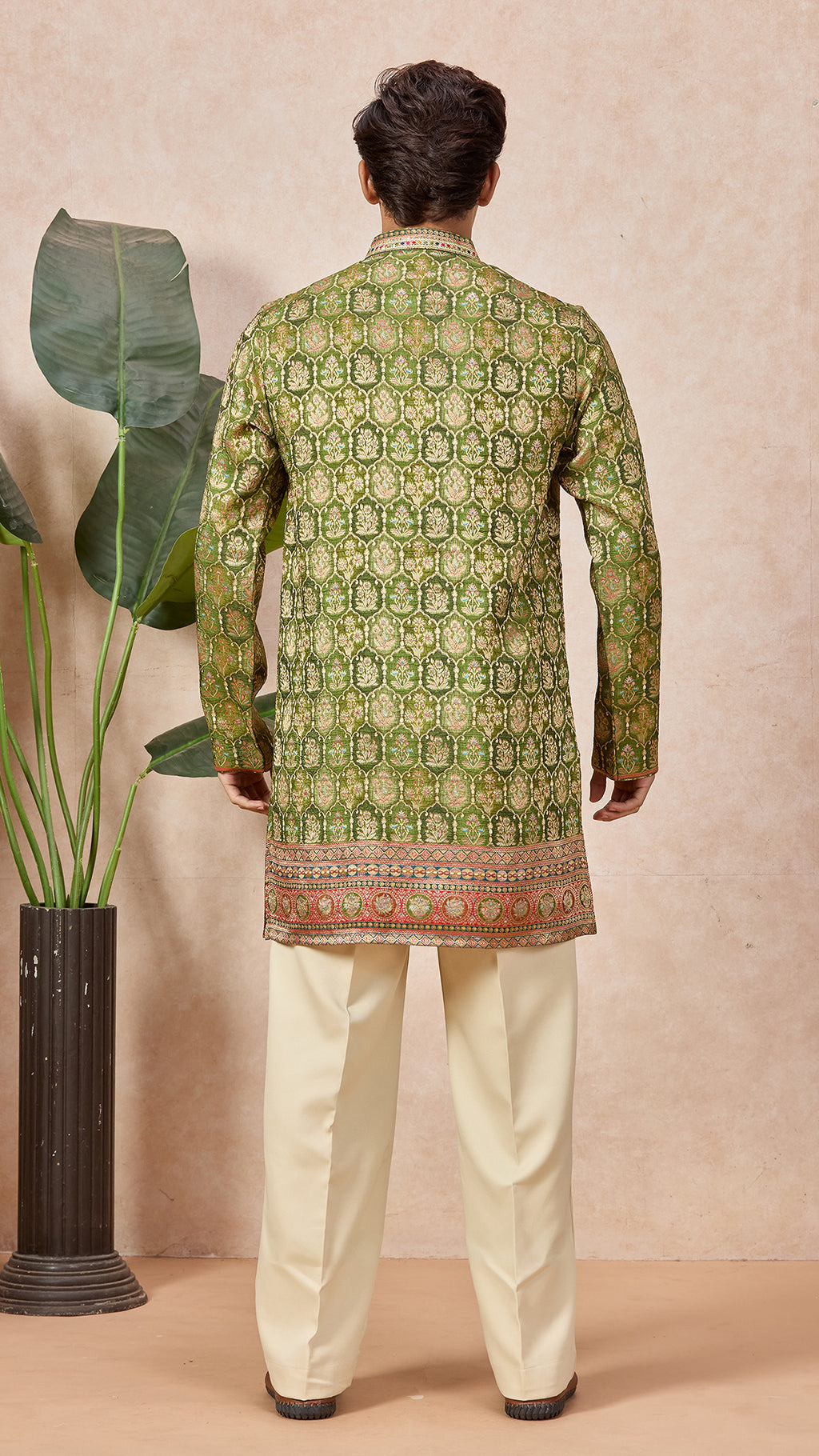 Green Mehendi Floral V-Neck Short Kurta Set for Men with Korean Pants