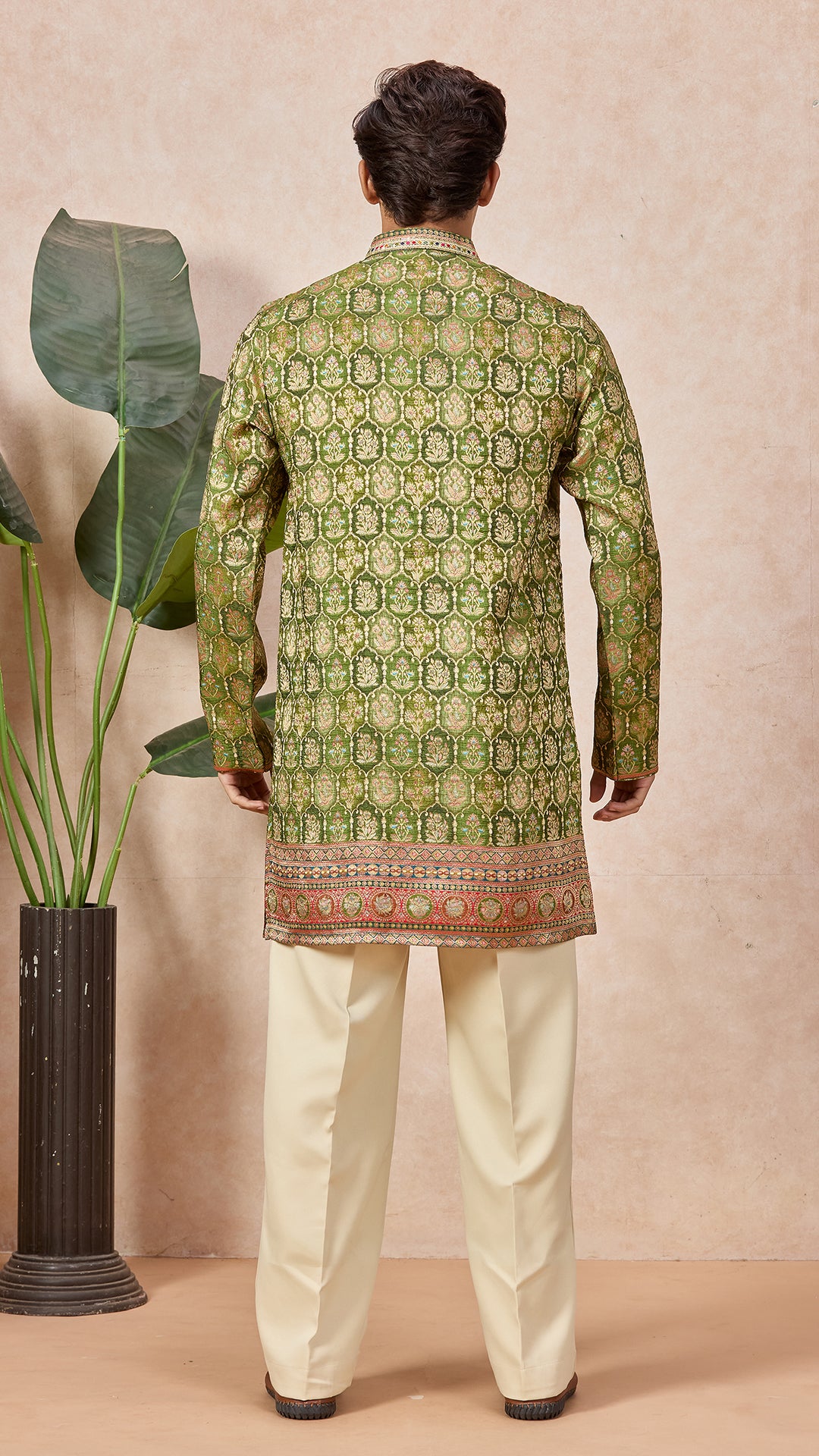Green Mehendi Floral V-Neck Short Kurta Set for Men with Korean Pants