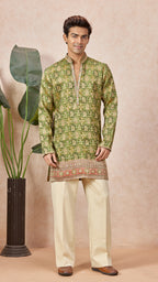 Green Mehendi Floral V-Neck Short Kurta Set for Men with Korean Pants