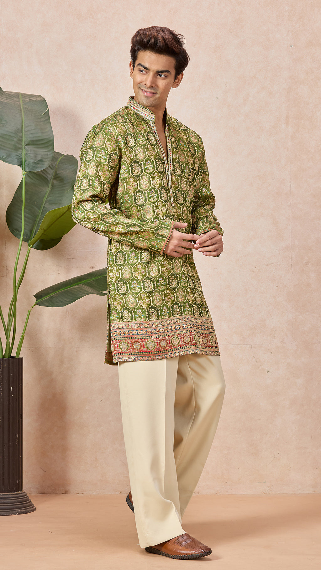 Green Mehendi Floral V-Neck Short Kurta Set for Men with Korean Pants