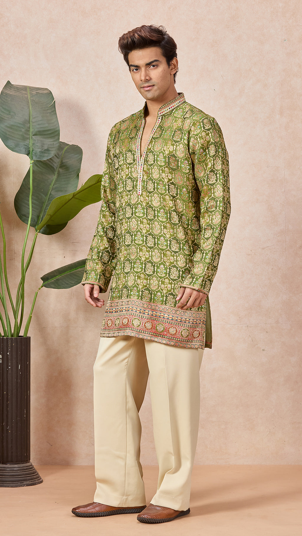 Green Mehendi Floral V-Neck Short Kurta Set for Men with Korean Pants