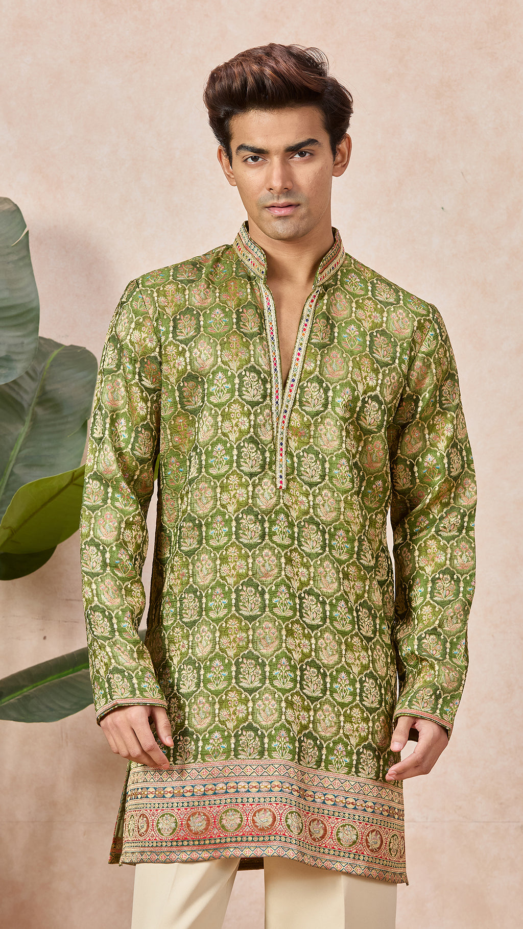 Green Mehendi Floral V-Neck Short Kurta Set for Men with Korean Pants