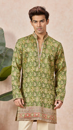 Green Mehendi Floral V-Neck Short Kurta Set for Men with Korean Pants