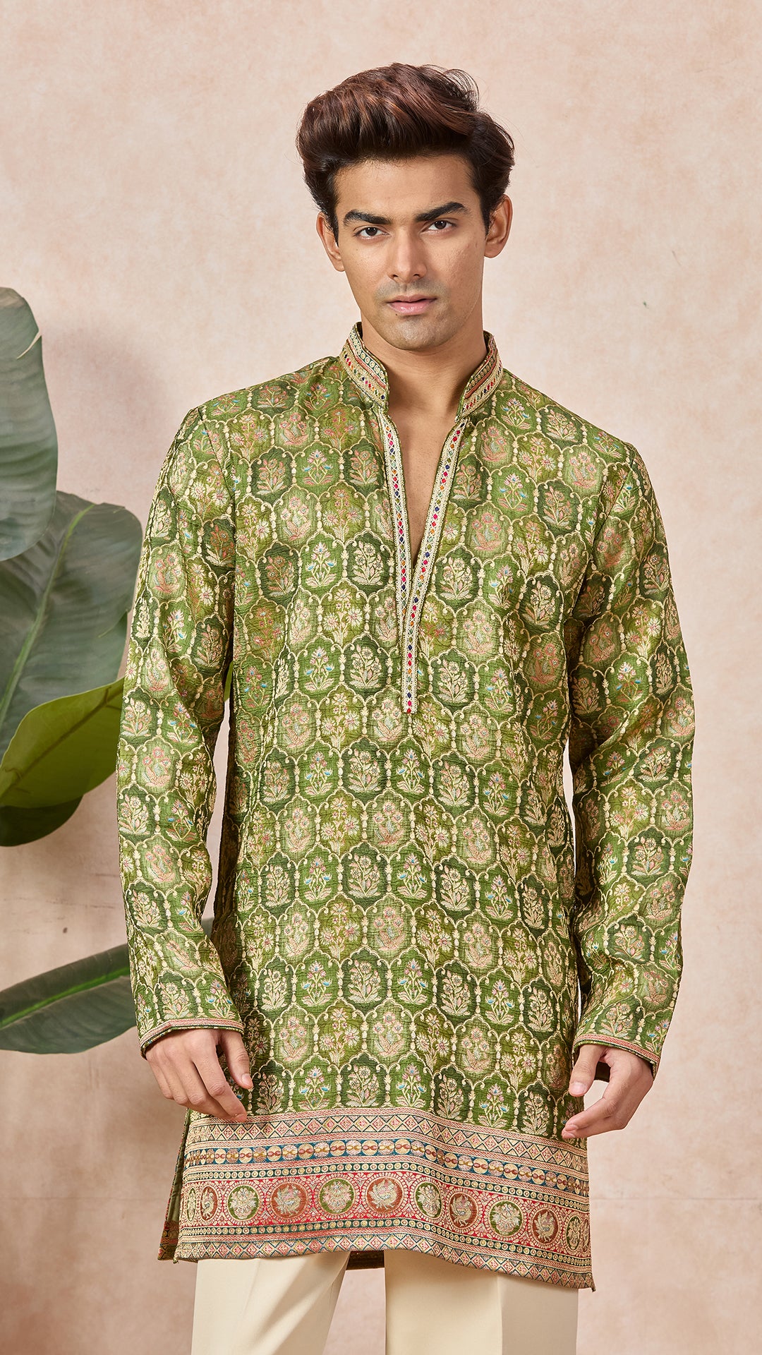 Green Mehendi Floral V-Neck Short Kurta Set for Men with Korean Pants