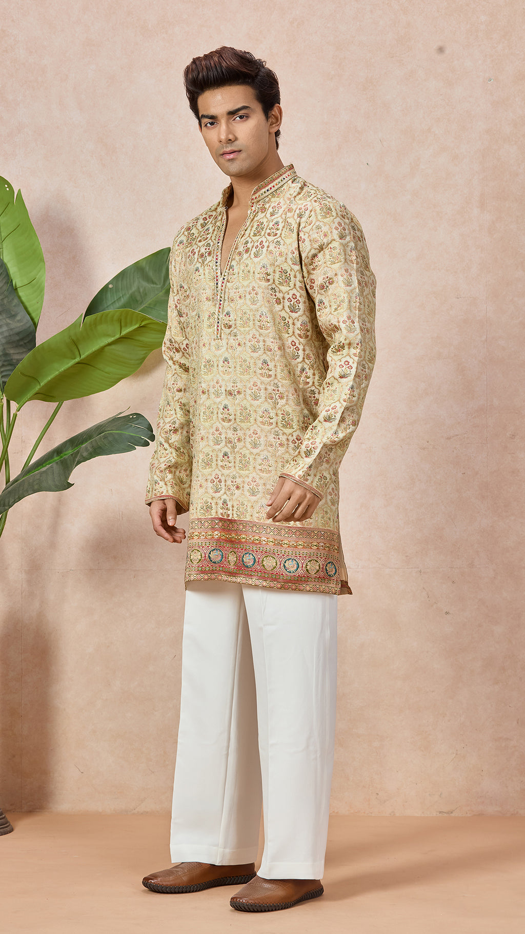 V-Neck Short Kurta Set for Men with Korean Pants