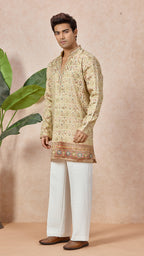 V-Neck Short Kurta Set for Men with Korean Pants