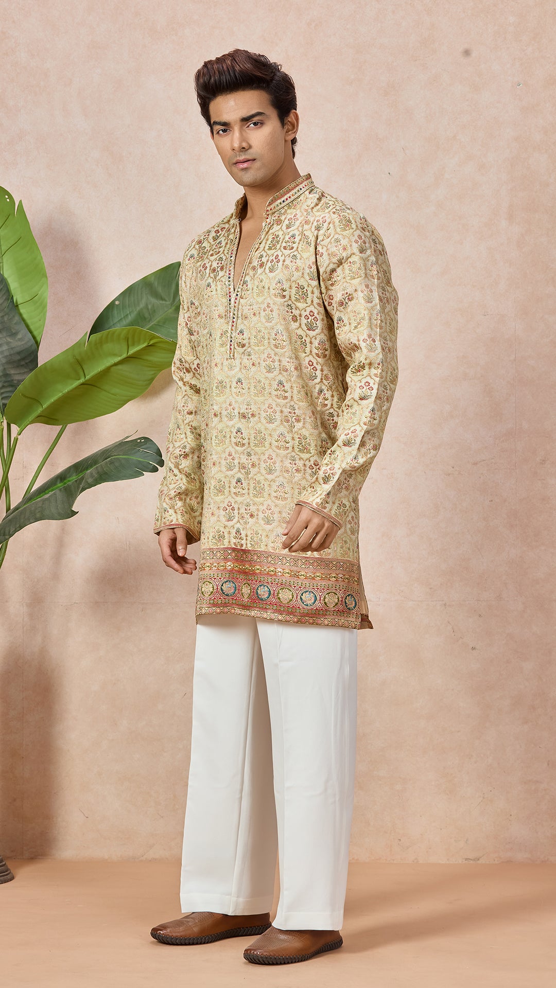 V-Neck Short Kurta Set for Men with Korean Pants