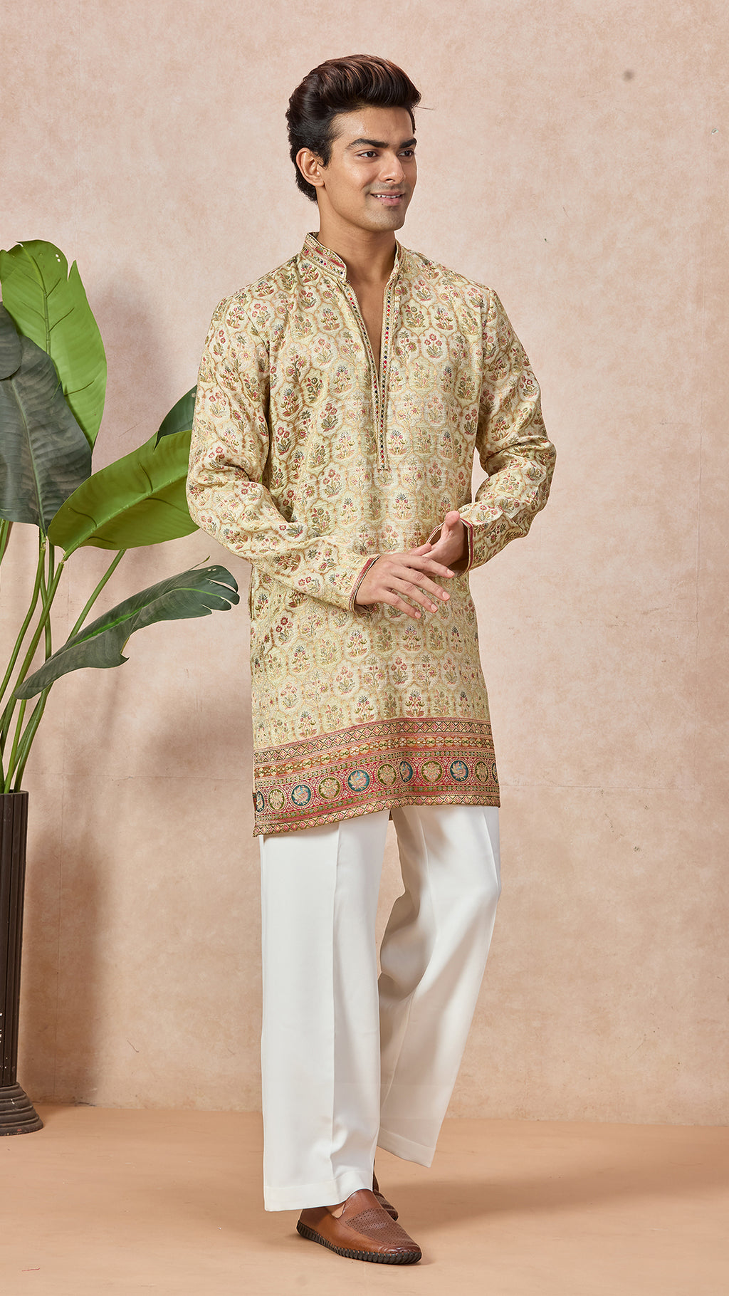 V-Neck Short Kurta Set for Men with Korean Pants
