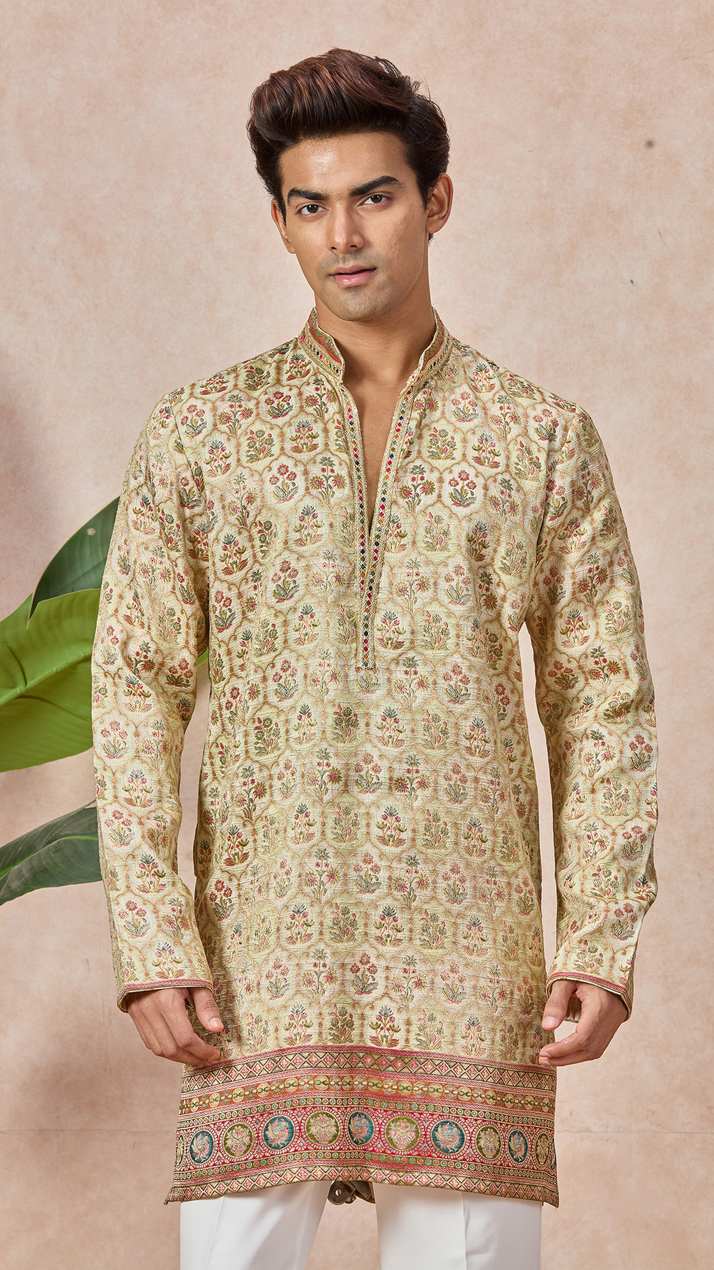V-Neck Short Kurta Set for Men with Korean Pants