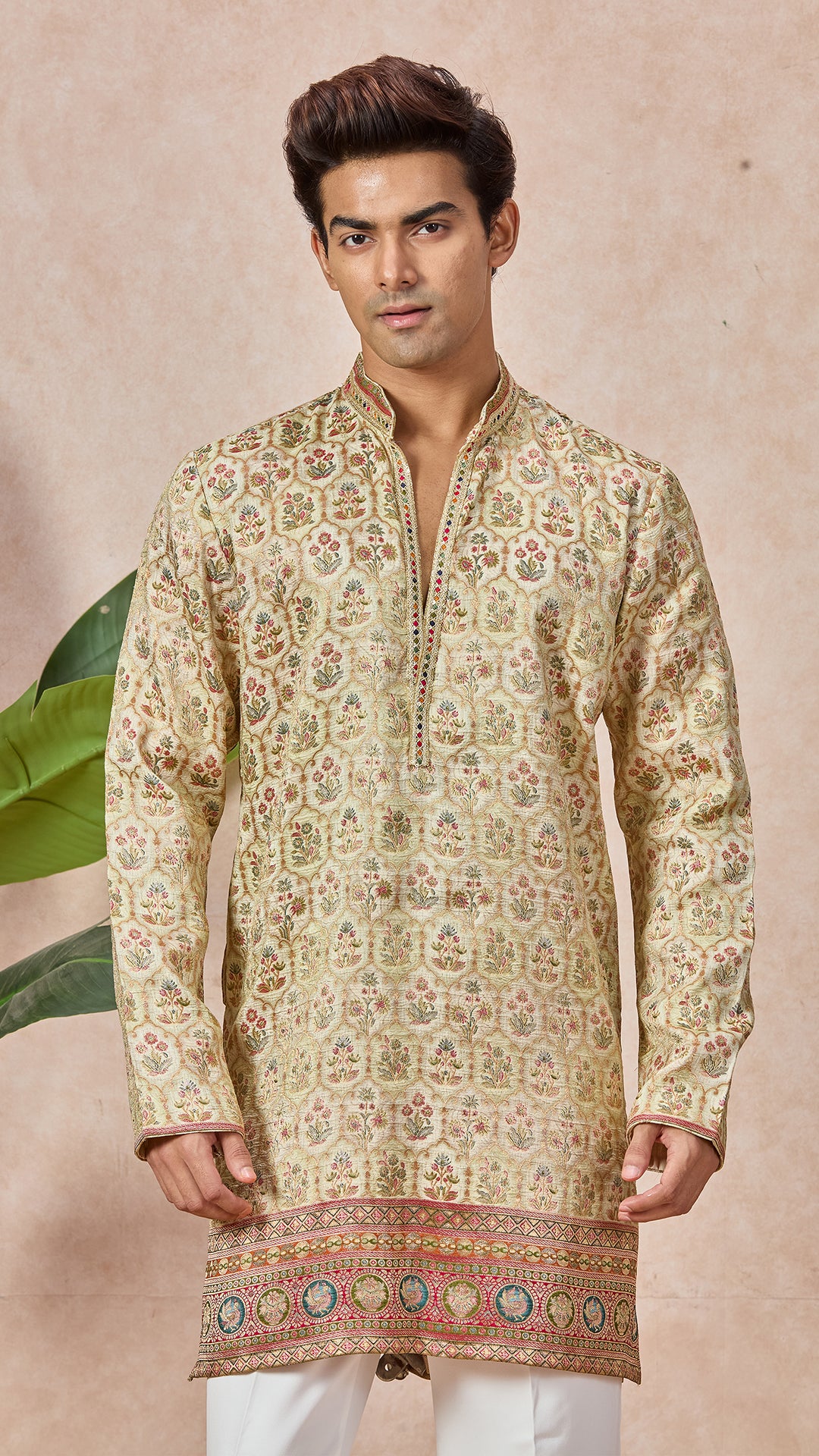 V-Neck Short Kurta Set for Men with Korean Pants