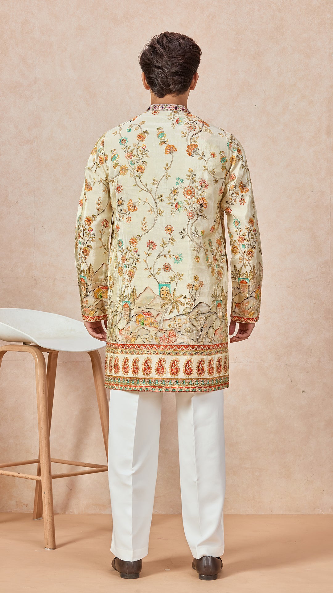 Beige V-Neck Short Silk Fabric Kurta Set for Men with Korean Pants