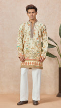 Beige V-Neck Short Silk Fabric Kurta Set for Men with Korean Pants