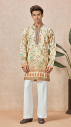 Beige V-Neck Short Silk Fabric Kurta Set for Men with Korean Pants
