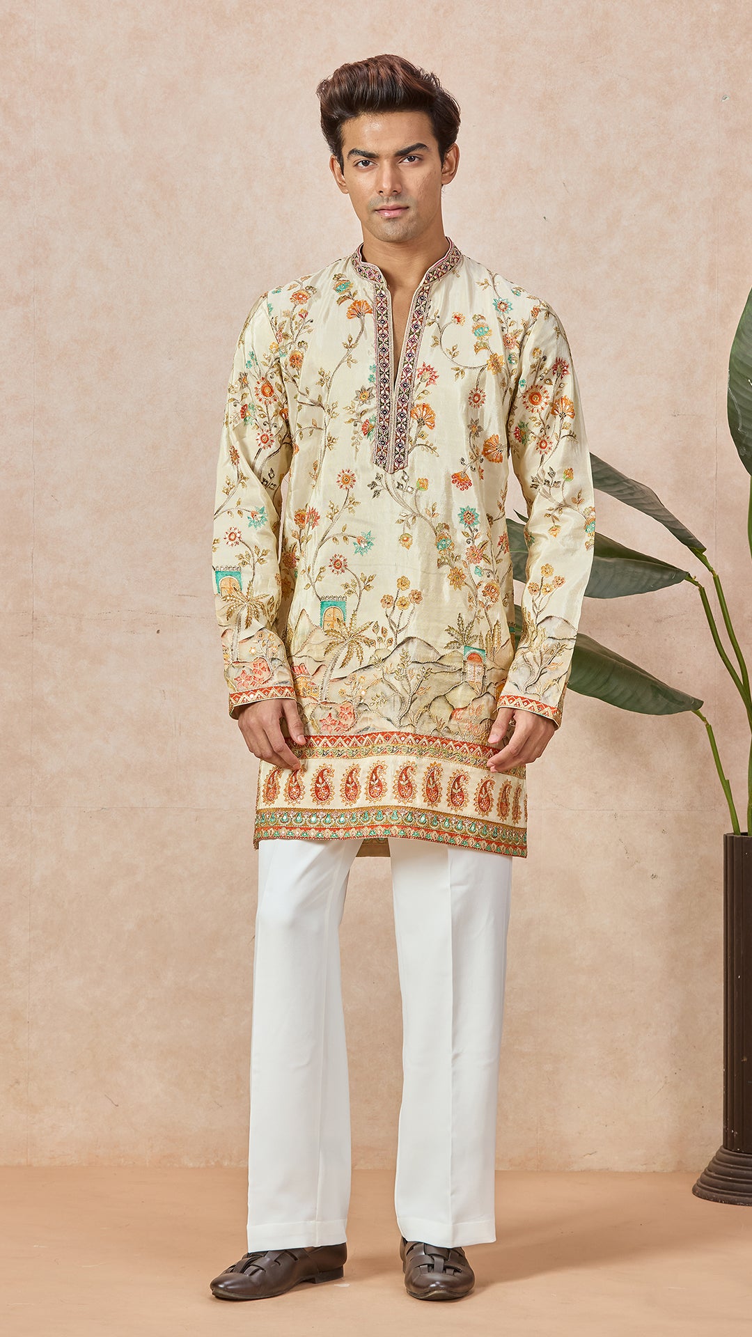 Beige V-Neck Short Silk Fabric Kurta Set for Men with Korean Pants