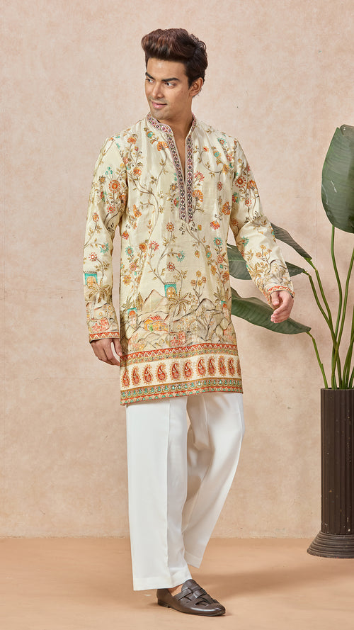 Beige V-Neck Short Silk Fabric Kurta Set for Men with Korean Pants