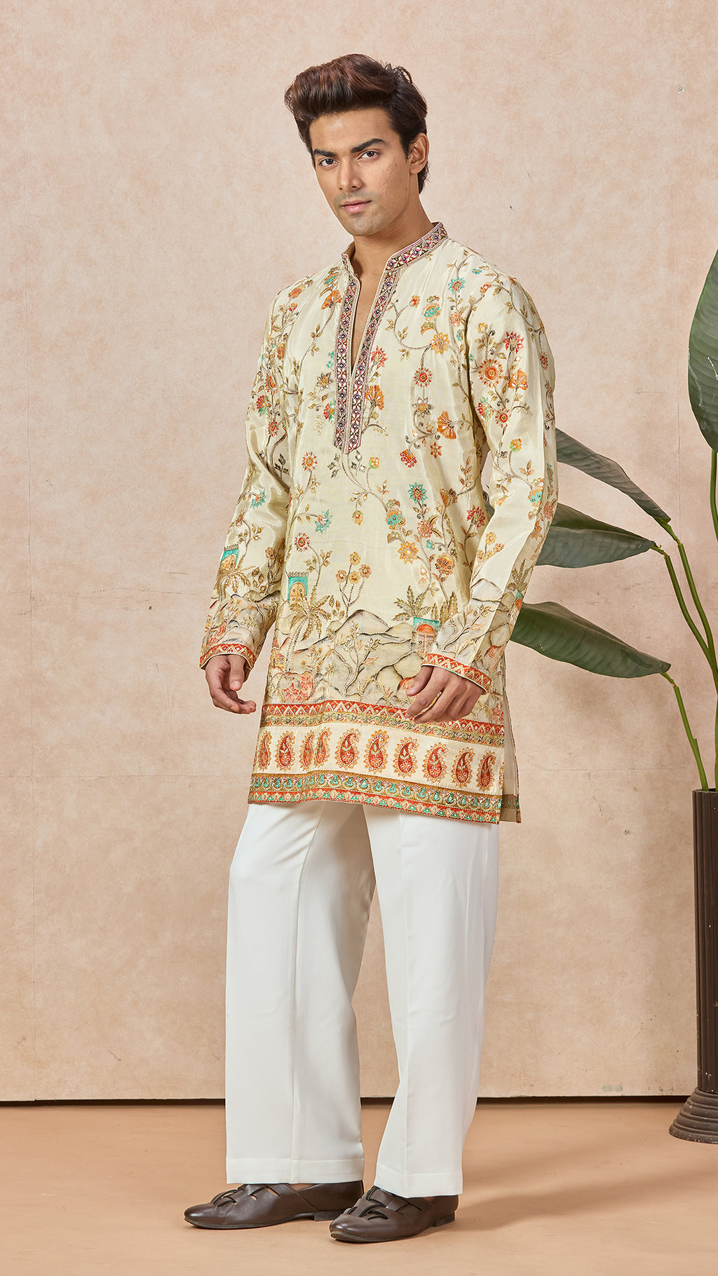 Beige V-Neck Short Silk Fabric Kurta Set for Men with Korean Pants