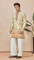 Beige V-Neck Short Silk Fabric Kurta Set for Men with Korean Pants