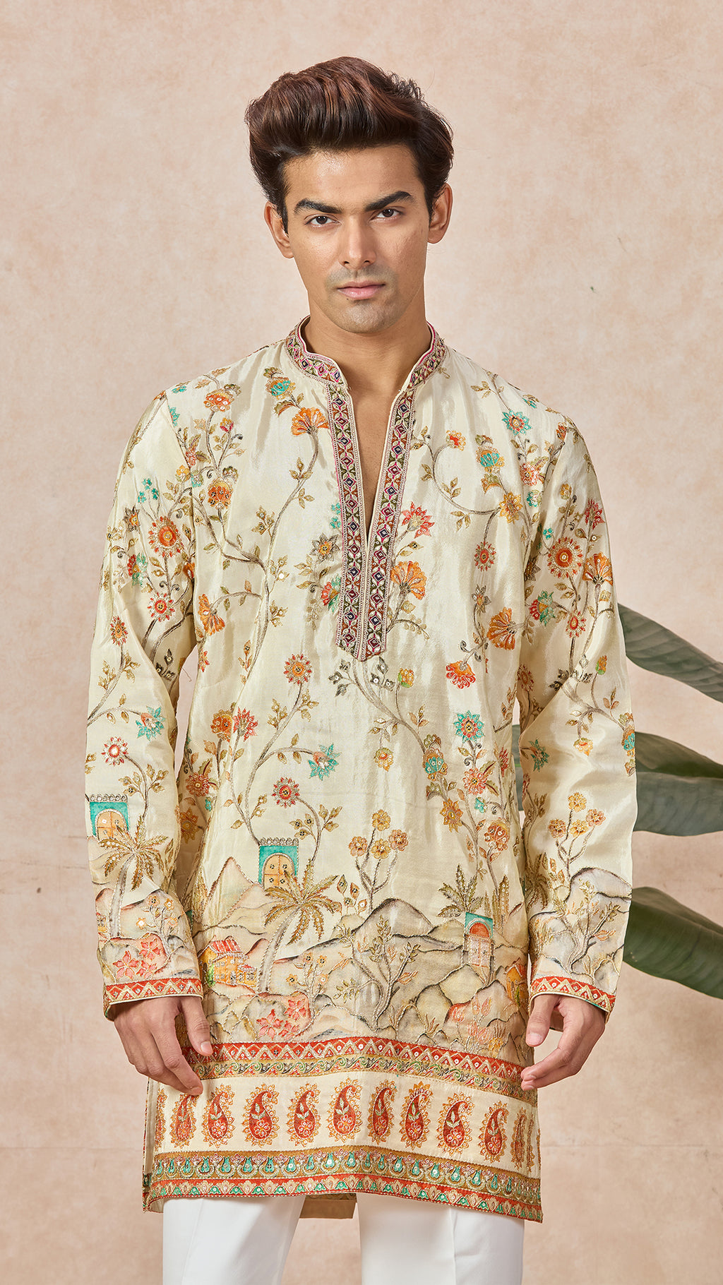 Beige V-Neck Short Silk Fabric Kurta Set for Men with Korean Pants
