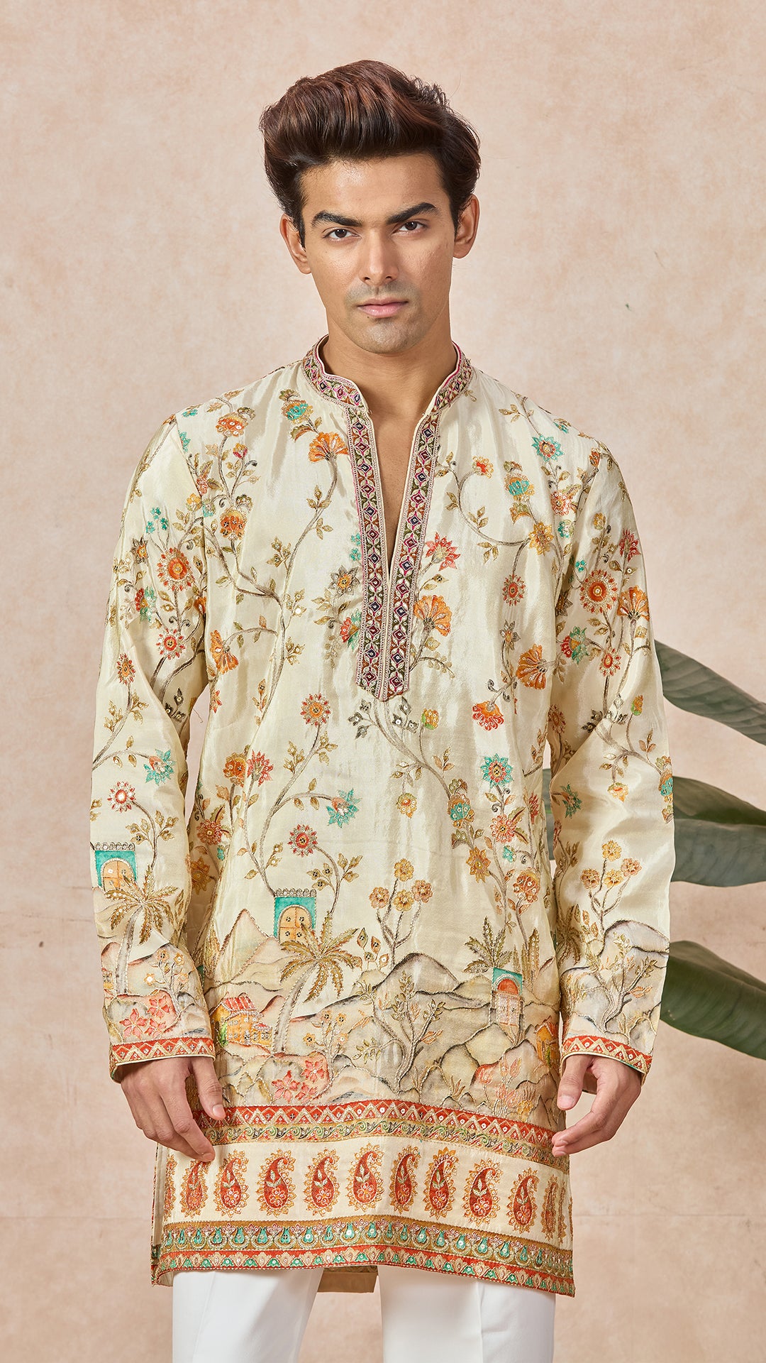 Beige V-Neck Short Silk Fabric Kurta Set for Men with Korean Pants