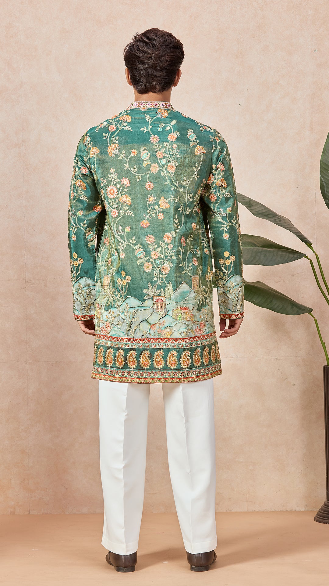 Mehendi Green V-Neck Short Kurta Set for Men with Korean Pants
