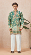 Mehendi Green V-Neck Short Kurta Set for Men with Korean Pants