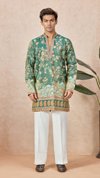 Mehendi Green V-Neck Short Kurta Set for Men with Korean Pants