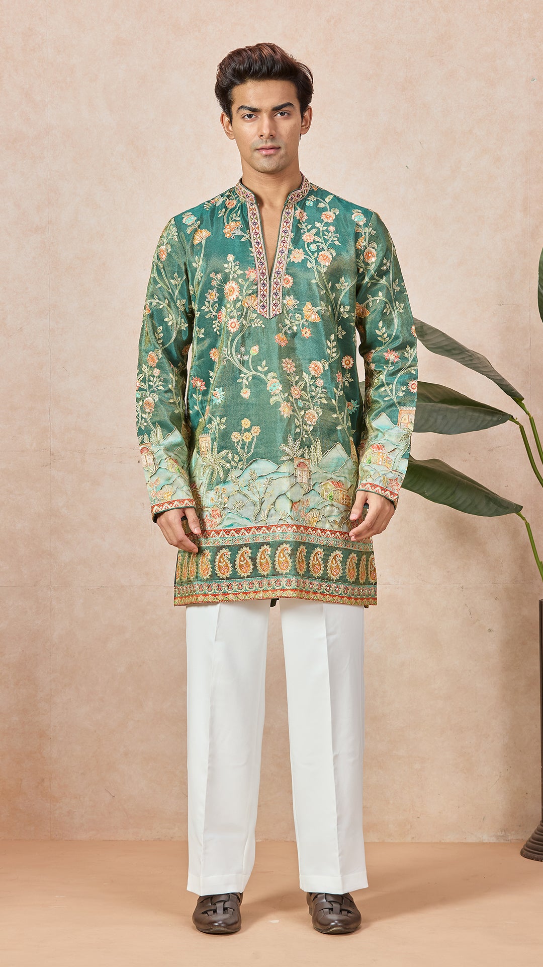 Mehendi Green V-Neck Short Kurta Set for Men with Korean Pants