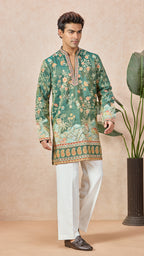 Mehendi Green V-Neck Short Kurta Set for Men with Korean Pants