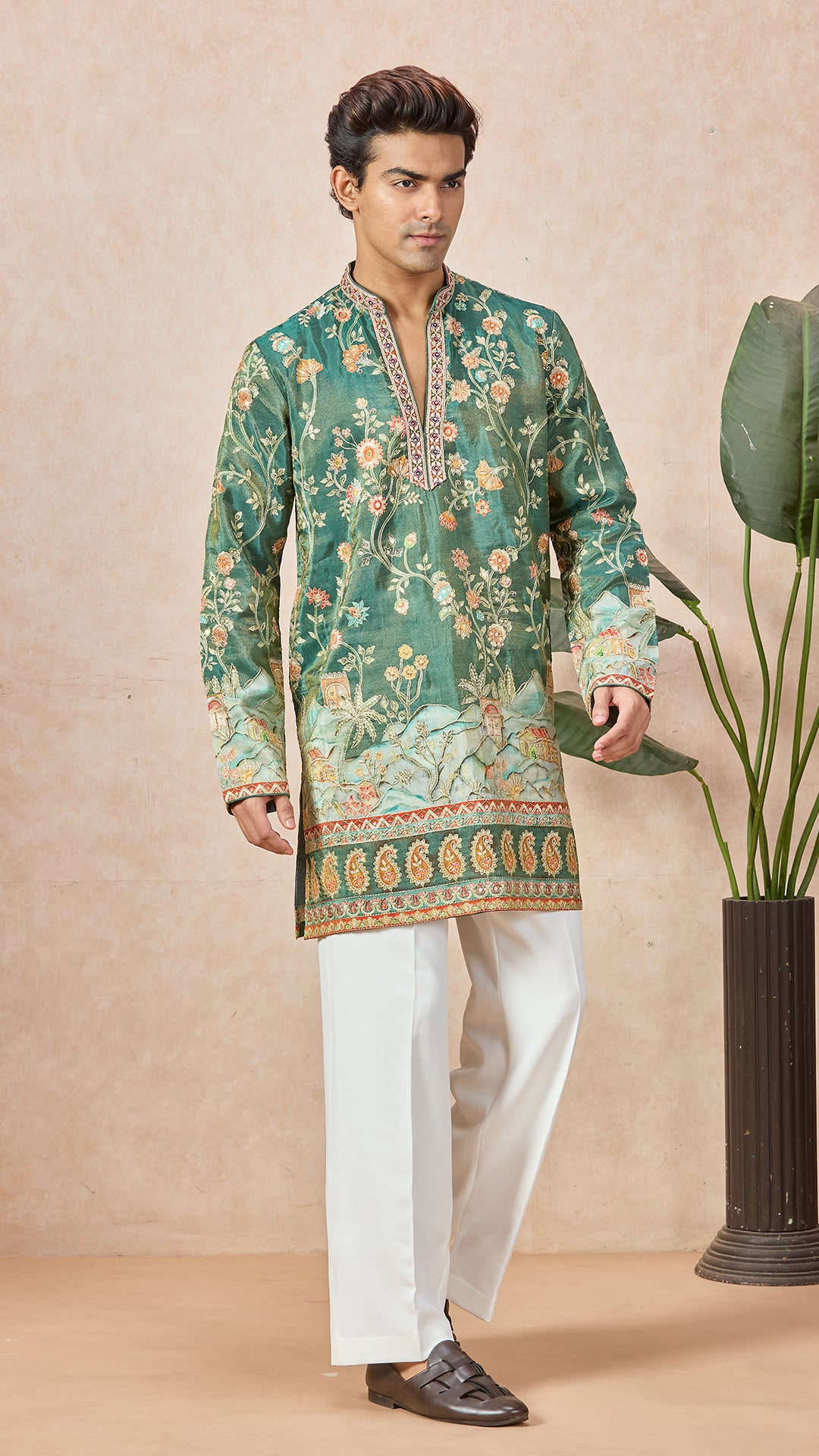 Mehendi Green V-Neck Short Kurta Set for Men with Korean Pants