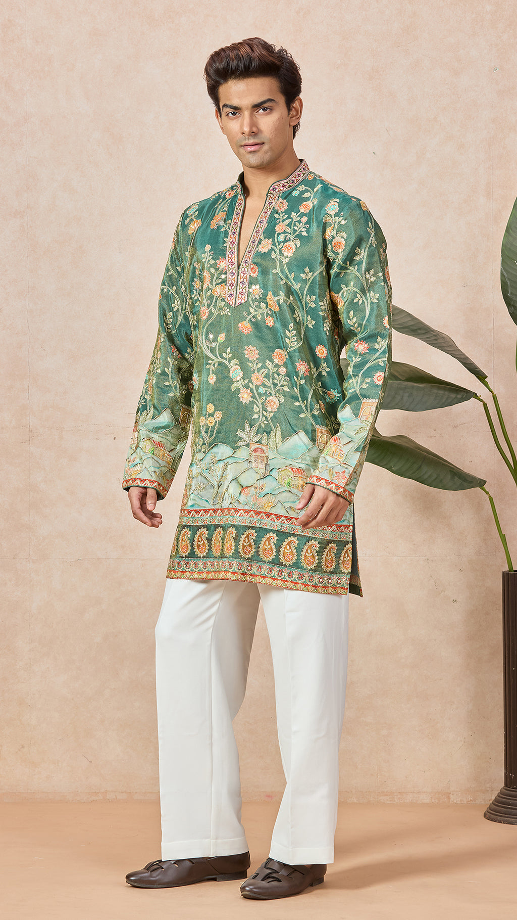 Mehendi Green V-Neck Short Kurta Set for Men with Korean Pants