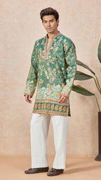 Mehendi Green V-Neck Short Kurta Set for Men with Korean Pants