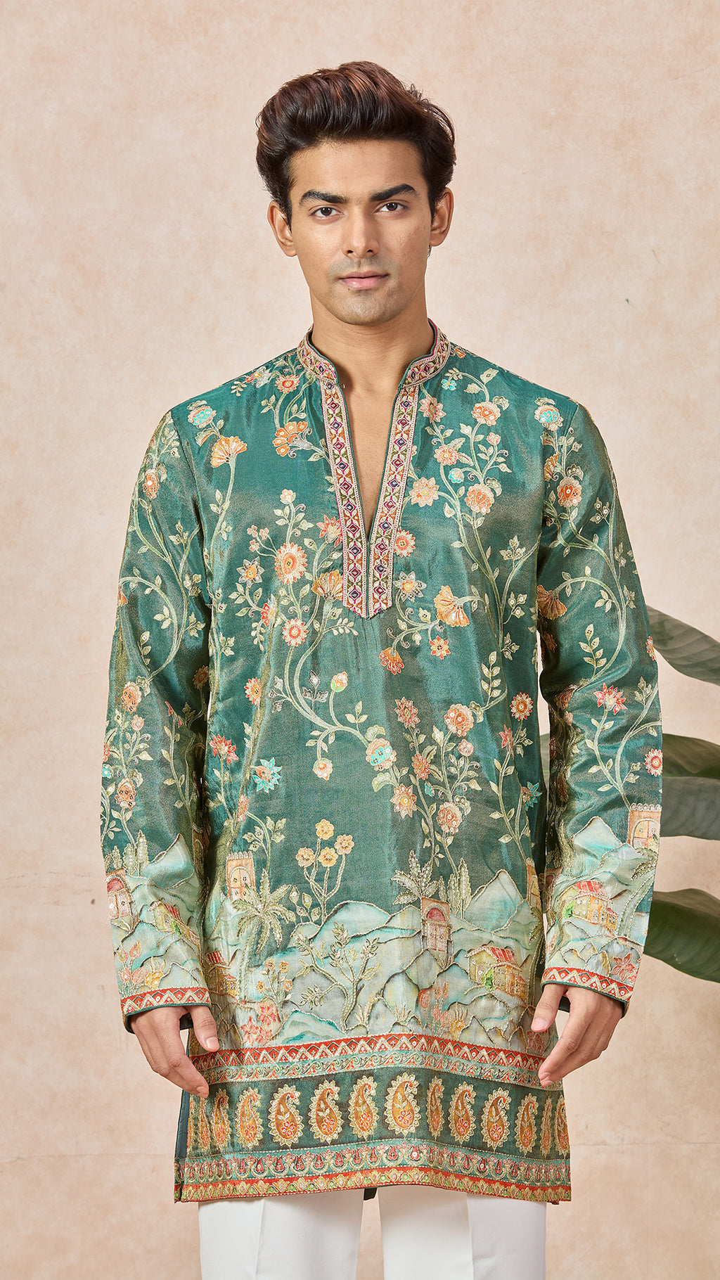 Mehendi Green V-Neck Short Kurta Set for Men with Korean Pants