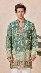 Mehendi Green V-Neck Short Kurta Set for Men with Korean Pants