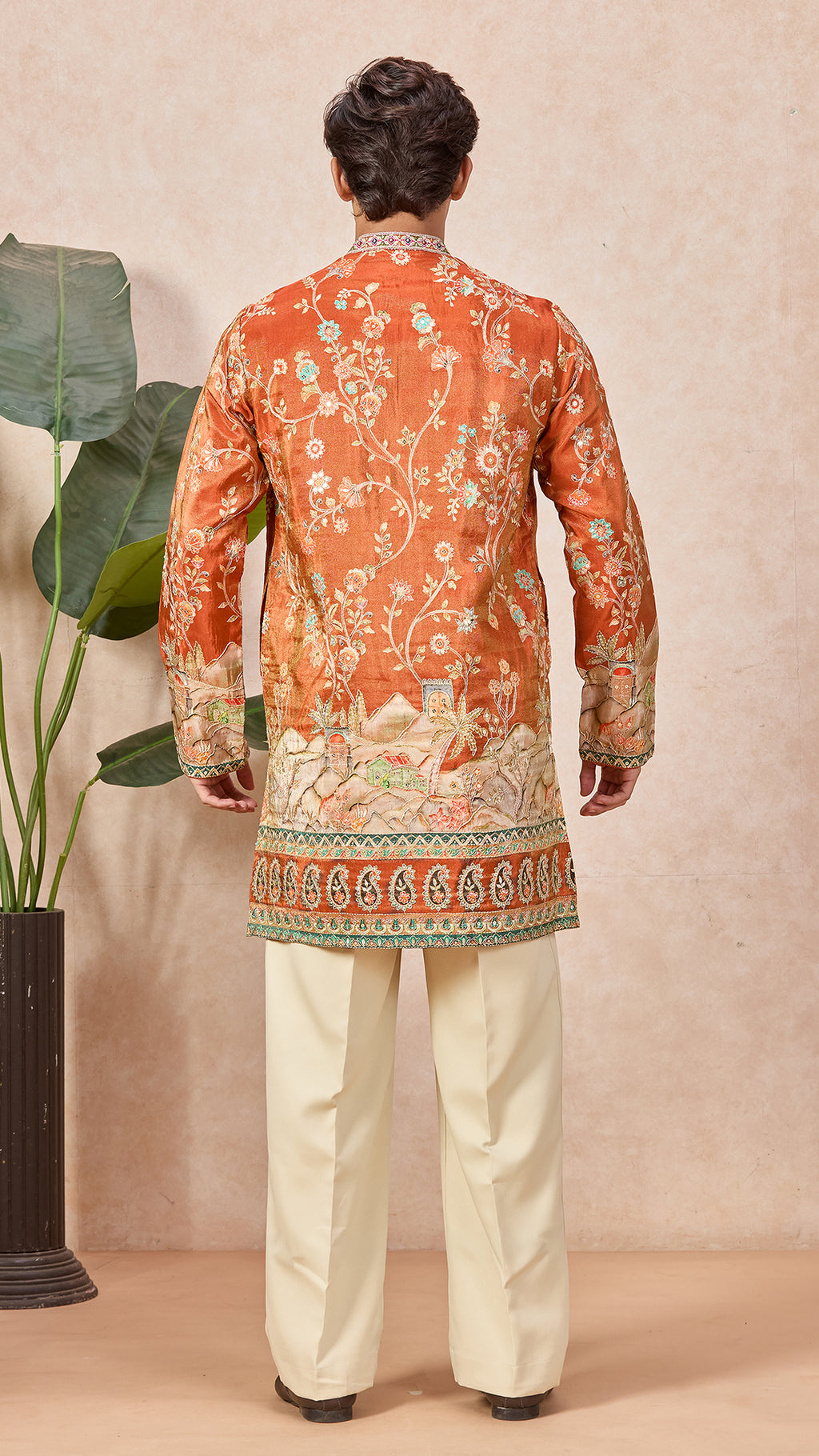 Orange V-Neck Short Kurta Set for Men with Korean Pants