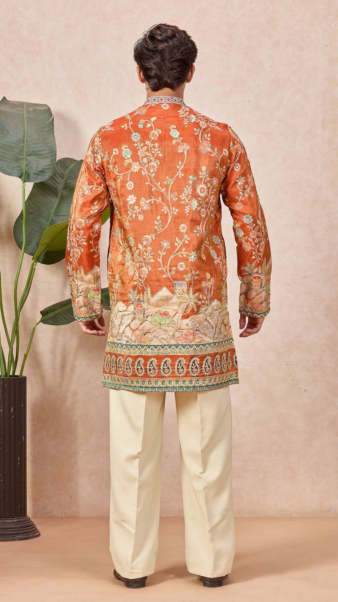 Orange V-Neck Short Kurta Set for Men with Korean Pants